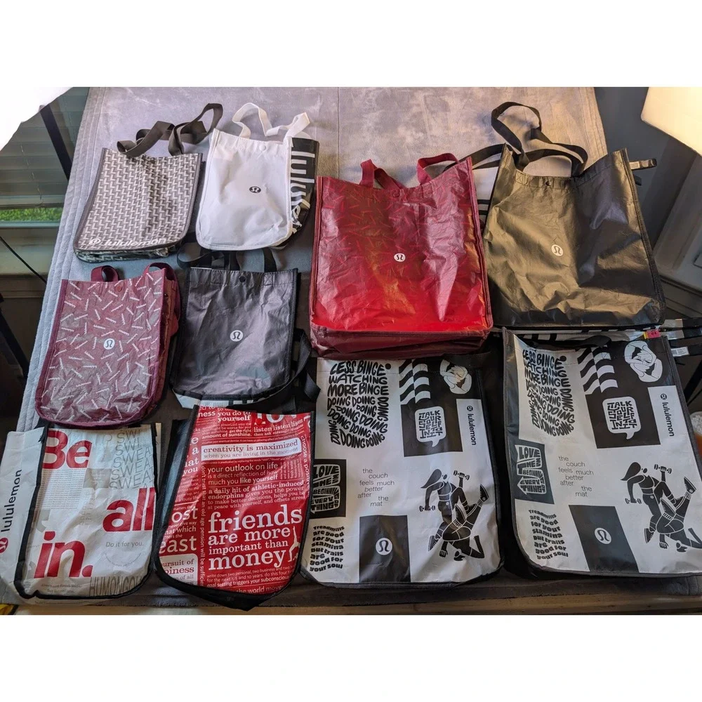 Lululemon Reusable Shopping Tote Bag Lot x10 Assorted Sizes Colors Graphics Logo